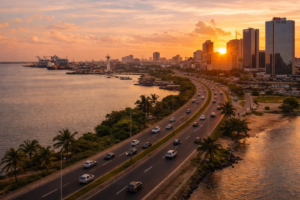 vue panoramique de Cotonou au coucher du soleil avec route côtière, port et skyline moderne